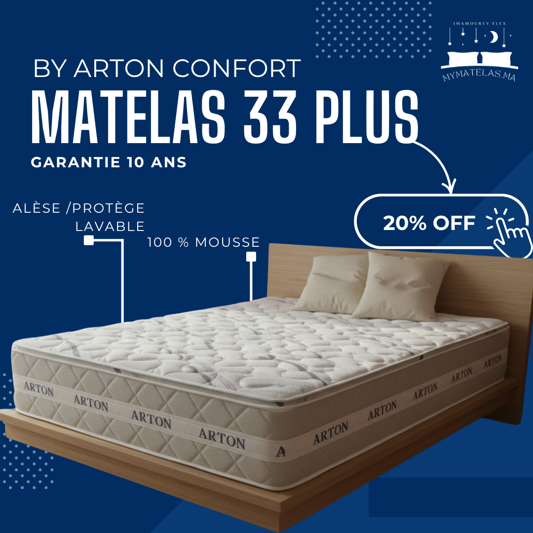 Matelas 33 Plus by ARTON Confort 100% mousse ABS 33, avec alèse lavable et garantie 10 ans